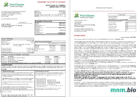 Trynidad i Tobago First Citizens Bank wyciąg z kredytu hipotecznego w formatach Word i PDF, 3 strony 1-2